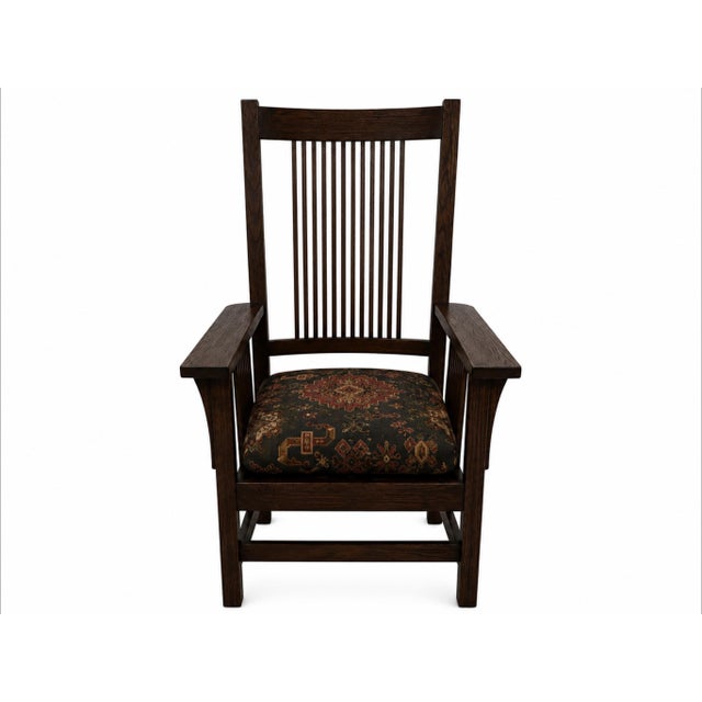 Mission Pair of Stickley Handcraft Craftsman Mission Oak Armchairs With Original Upholstered Seats For Sale - Image 3 of 7
