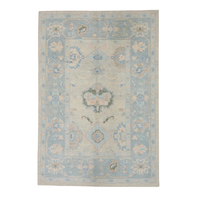 Blue and Pink Floral Handwoven Wool Turkish Oushak Rug 5'1" X 7'2" For Sale