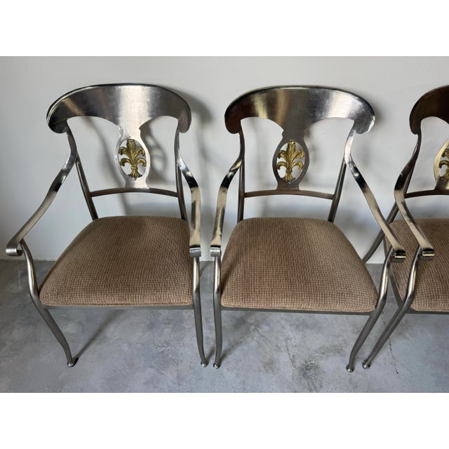 1990s Vintage Neoclassical-Style Brushed Steel and Brass Dining — Set of 5/ Sold For Sale - Image 5 of 12