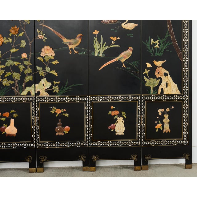 Black Chinese Six Panel Carved Soapstone Coromandel Lacquer Screen For Sale - Image 8 of 18