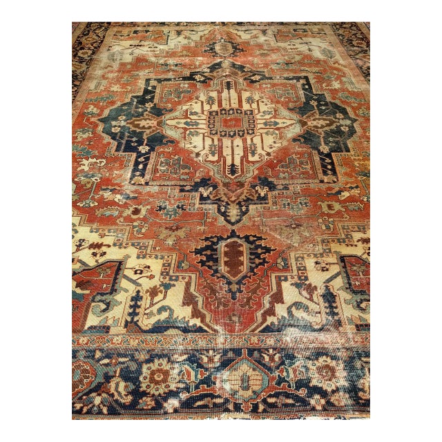 Antique Persian Heriz Serapi Rug, Hand-Knotted Wool, Geometric Medallion Pattern, Ivory & Rust-Red, 10x12 For Sale