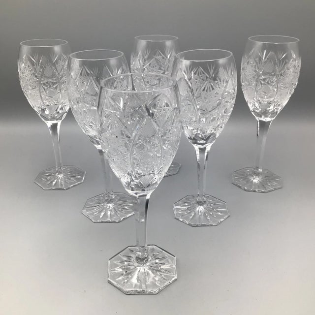 Star Pattern Crystal Wine Glasses Antique Deep Cut -Set of 6 For Sale - Image 13 of 13