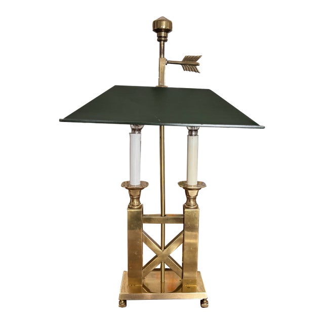 Vintage Mid to Late Twentieth Century Solid Brass Angular Bouillotte Lamp With Green Metal Shade, Attributes to Frederick Cooper. For Sale