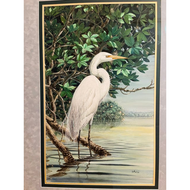 Boho Chic Spectacular Original Don Blake Snow Egret Large Gouache and Watercolor Painting, Framed For Sale - Image 3 of 7