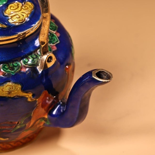 Blue Late 20th Century Cloisonné Enamel "Two Immortals" Teapot With Figural Scenes For Sale - Image 8 of 9