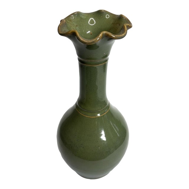Matthew Nance Seagrove Nc Studio Pottery Green Ruffled Rim Vase For Sale