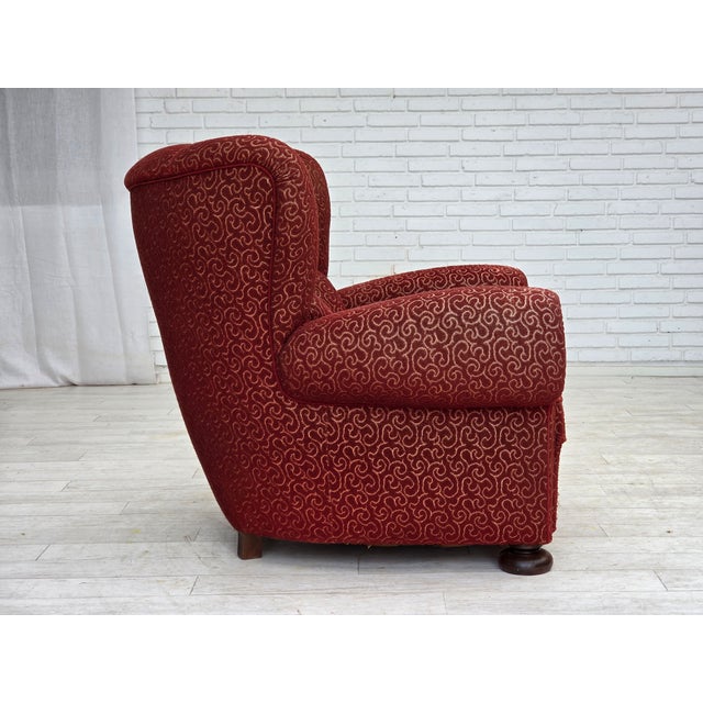Wood Danish Armchair in Red Wool with Oak Legs, 1950s For Sale - Image 7 of 18