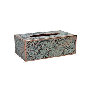 Marble paper, one of a kind, copper, wood and sealed, each box hand made to cover those not so pretty cardboard tissue...