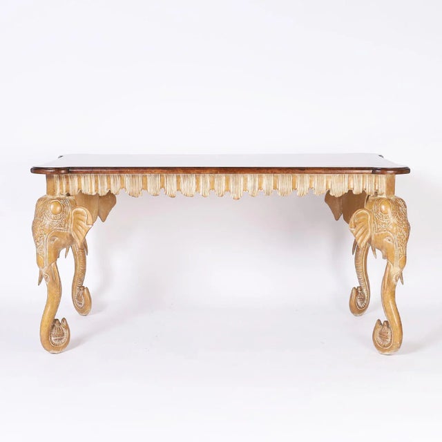 Mid century Italian one drawer writing table with a walnut top having a decorative beveled edge on a pickled or white...