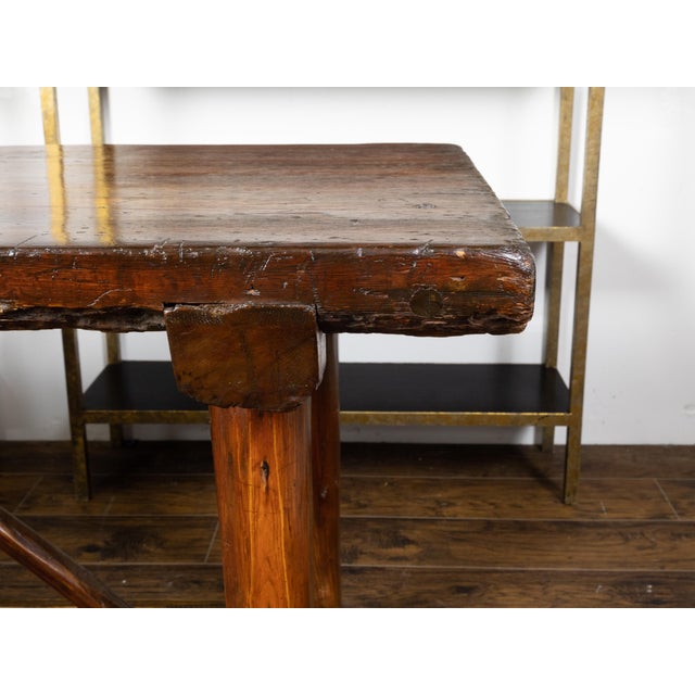 Early 20th Century American 1900s Rustic Pine Log Table with Straight Legs and Side Stretchers For Sale - Image 5 of 11