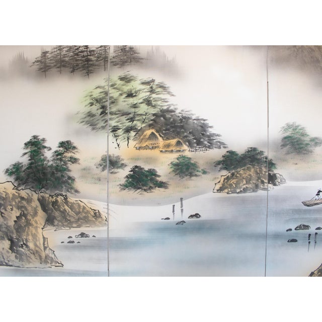 Wood Large Showa Era Japanese Byobu Screen "Mountain Landscape With River" For Sale - Image 7 of 18