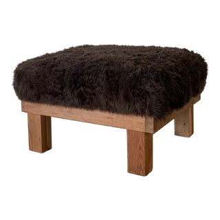 Handmade Faux Sheepskin Wood Ottoman For Sale
