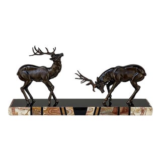 Art Deco Dueling Stags in Bronze on Marble Base For Sale