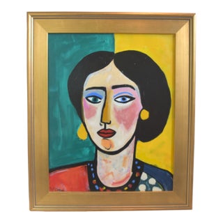 Bold Impressionist Expressionist Woman Portrait Painting Including the Antiqued Gold Wood Frame For Sale