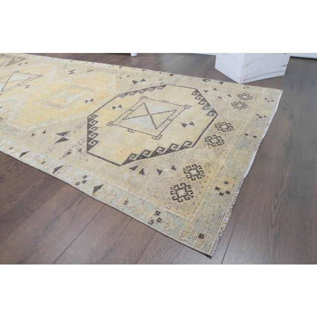 Turkish 1960s Yellow Natural Turkish Hand-Knotted Runner Rug For Sale - Image 3 of 8