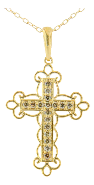 10K Yellow Flashed .925 Sterling Silver 1/4 Cttw Champagne Diamond Filigree Cross Pendant Necklace - 18"
