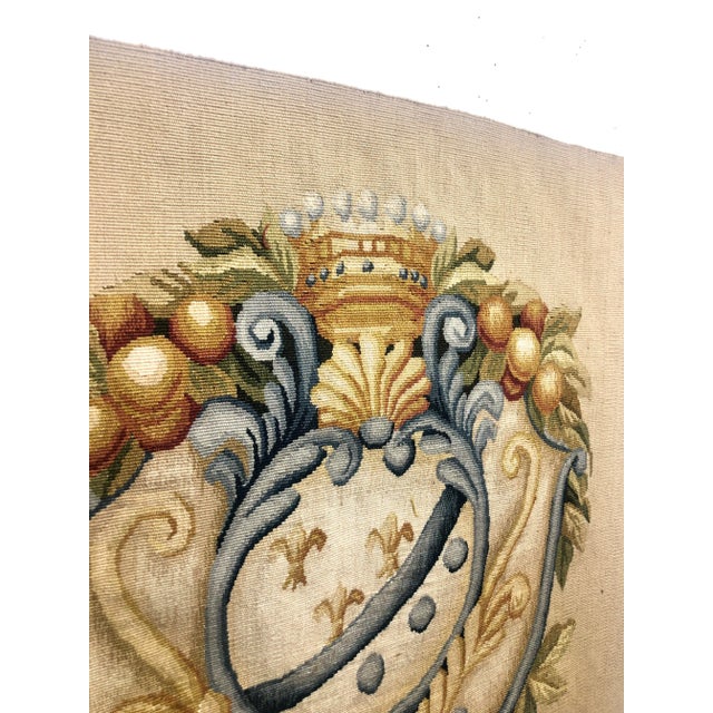 Hand Woven Wool Tapestry Fragment With Embellished Crest Design in Tones of Soft Blue, Sand and Butterscotch For Sale - Image 4 of 6