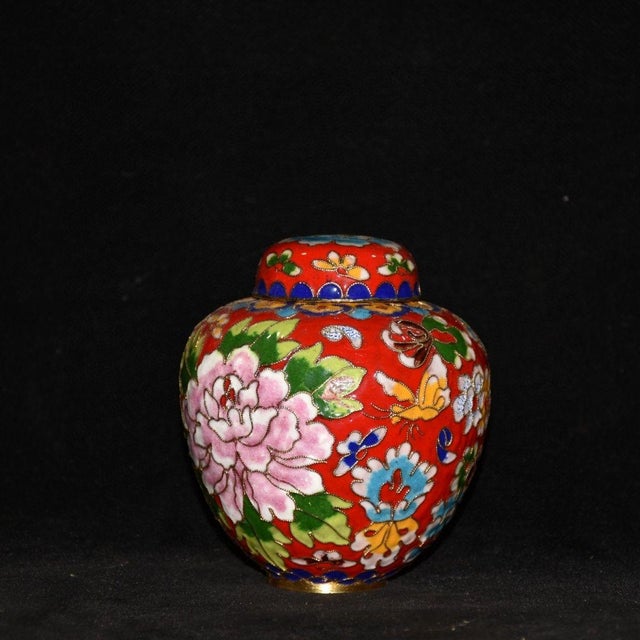 Cloisonné Enamel Small Melon Ginger Jar With Peony Motif and Lid For Sale - Image 4 of 9