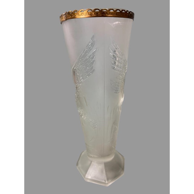 Vintage Czech Style Art Deco Embossed Satin Glass Libochovice 10" Heron Egret Vase For Sale - Image 9 of 11