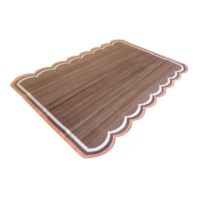 Handmade Cotton Scalloped Rug, Brown with Cream and Terra Cotta Border 8'x10' For Sale