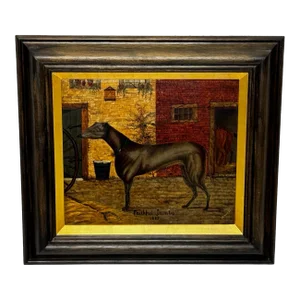 19th Century Oil Painting Prized Greyhound Racing Champion Dog Faithful Jumbo After Edwin Landseer, Framed
