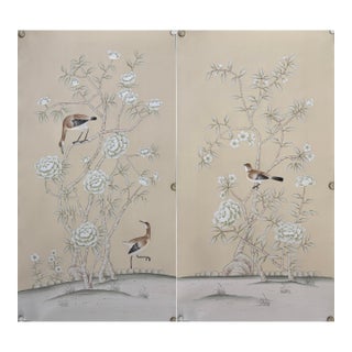 Soft Beige Chinoiserie Peony & Bird Mural | Hand-Painted Floral Wallpaper For Sale