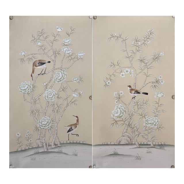 Soft Beige Chinoiserie Peony & Bird Mural | Hand-Painted Floral Wallpaper For Sale