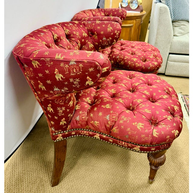 Chinoiserie Pair of Chinoiserie Tufted Red Barrel Back Slipper Chairs For Sale - Image 3 of 11
