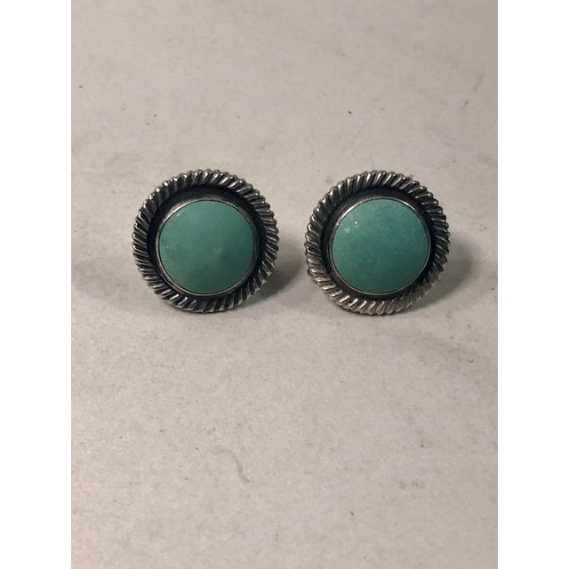 Metal 1940s Turquoise and Sterling Cabochon Earrings For Sale - Image 7 of 10