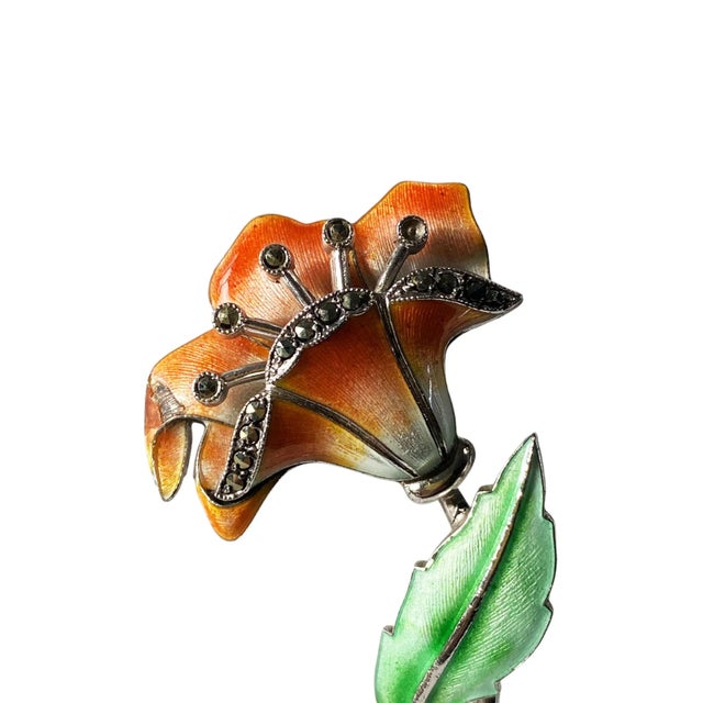 This stunning Vintage Sterling Silver Marcasite Flower Brooch/Pin showcases exquisite and delicate enamel work in green,...