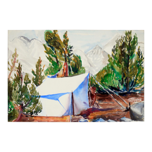 Staking a Tent, Modernist Landscape in Watercolor on Paper by Lucile Marie Johnston