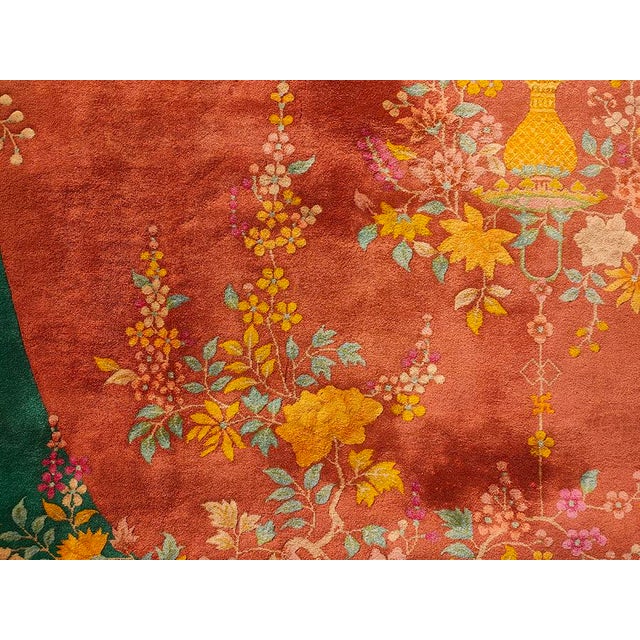 Textile 1920s Orange Open Field Floral Modern Antique Chinese Art Deco Knotted Wool Rug For Sale - Image 7 of 11