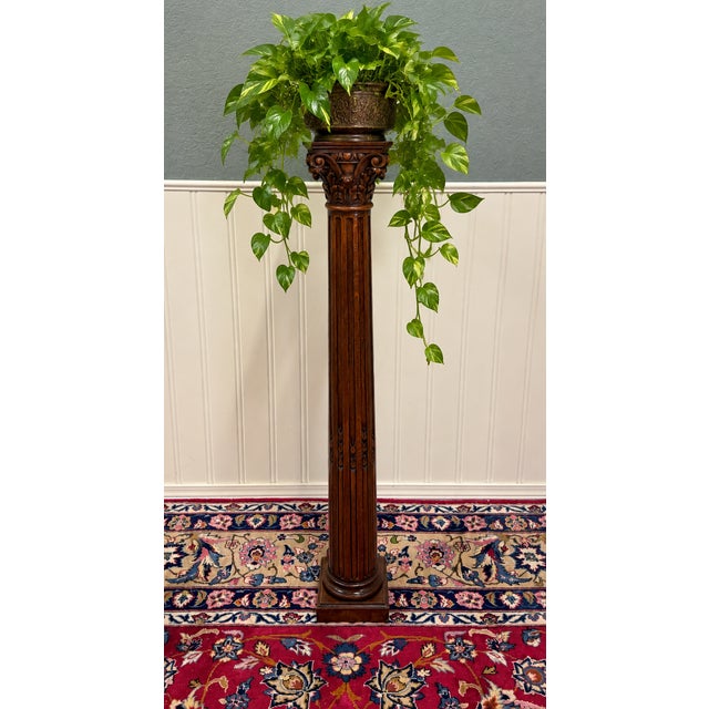 Wood Antique French Oak Corinthian Column Pedestal Plant Stand Newel Post For Sale - Image 7 of 16