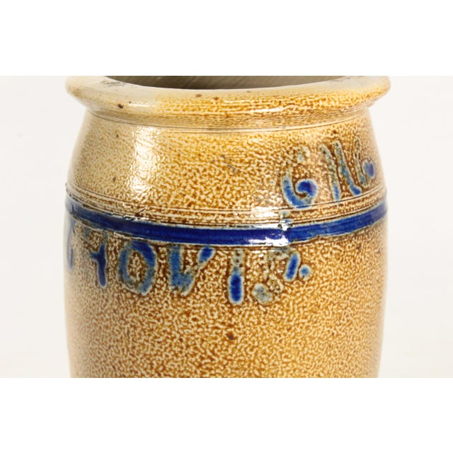 Beige Rare 19th C Blue on Beige Stoneware Anchovies Jar, New England For Sale - Image 8 of 17