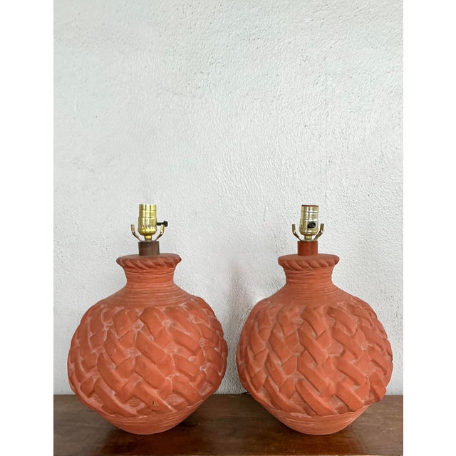 Late 20th Century Vintage Terracotta Faux Weave Lamps - A Pair For Sale - Image 5 of 12