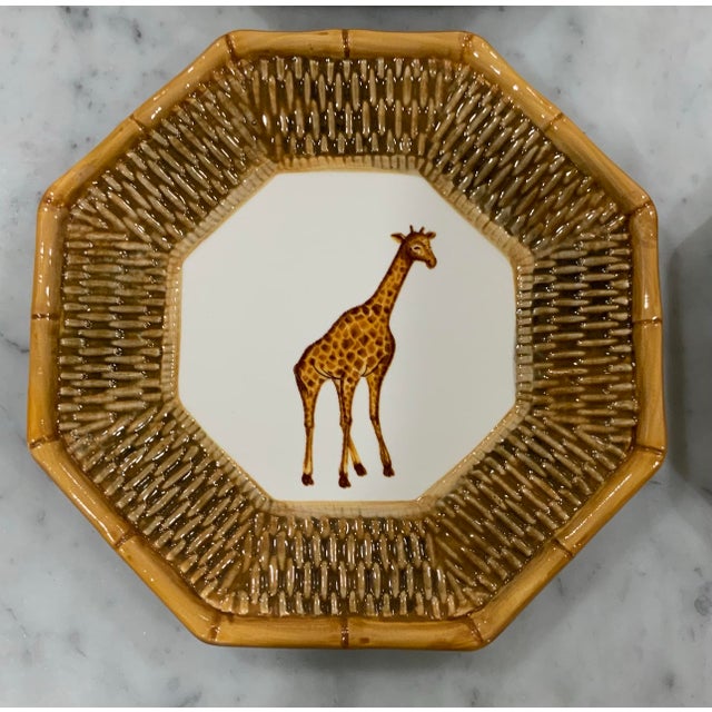 Late 20th Century Safari Animal Salad Plates W/ Rattan & Bamboo Borders Set of 4 - Attrib. To Raymond Waites - Palm Beach Regency, Safari Entertaining - See Pics! For Sale - Image 5 of 8