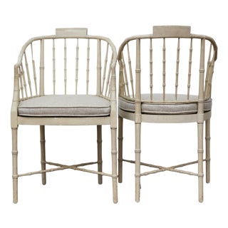 Late 20th Century Baker Furniture Faux Bamboo Accent Chairs with Upholstered Linen Cushions, Pair For Sale