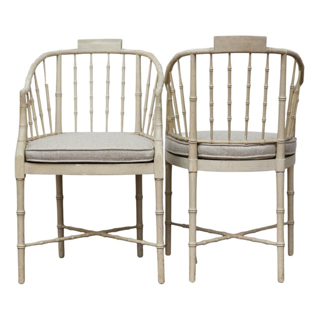 Late 20th Century Baker Furniture Faux Bamboo Accent Chairs with Upholstered Linen Cushions, Pair For Sale