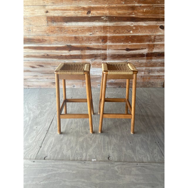 Pair of Jute Wrapped Backless Bar Stools | Mid Century Modern For Sale In Tampa - Image 6 of 13