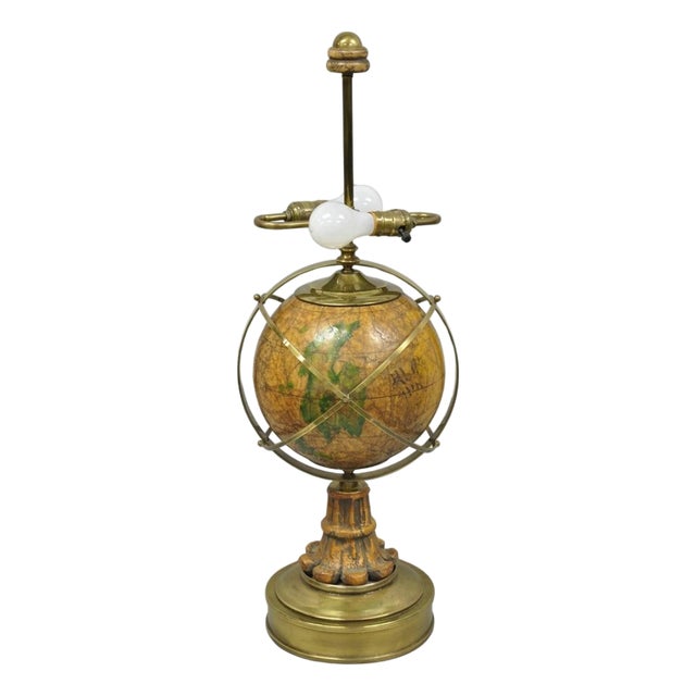 Vintage Italian Regency Style Brass & Wood Old World Globe Table Lamp by Hart For Sale
