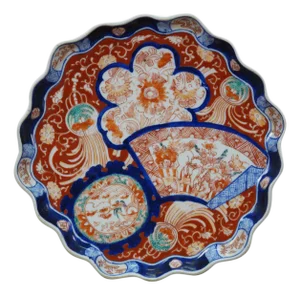 Antique Japanese Meiji Imari Porcelain Scalloped Foo Dog Fan Charger Plate
