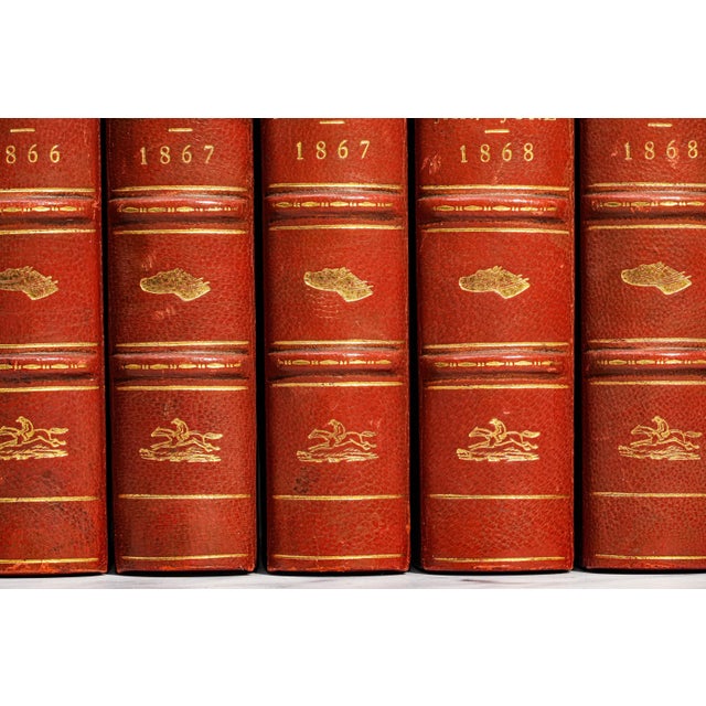English Wonderful Collection 10 Volume Bailey's Magazine of Sports & Pastimes Antique Red Leather Spine Books English Country Equestrian Horse For Sale - Image 3 of 13