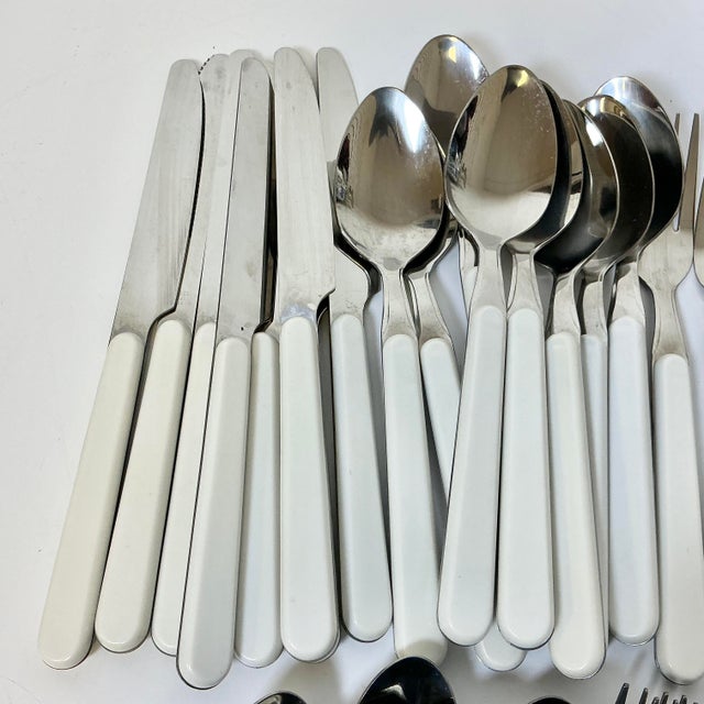 1970s Vintage Boho Chic Contemporary Stainless Steel White Handle Flatware - Set of 40, Service for 8 For Sale - Image 6 of 12
