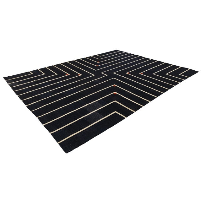 Modern Geometric Kilim Wool Rug With Architectural Line Art & Crimson Accents For Sale - Image 4 of 12