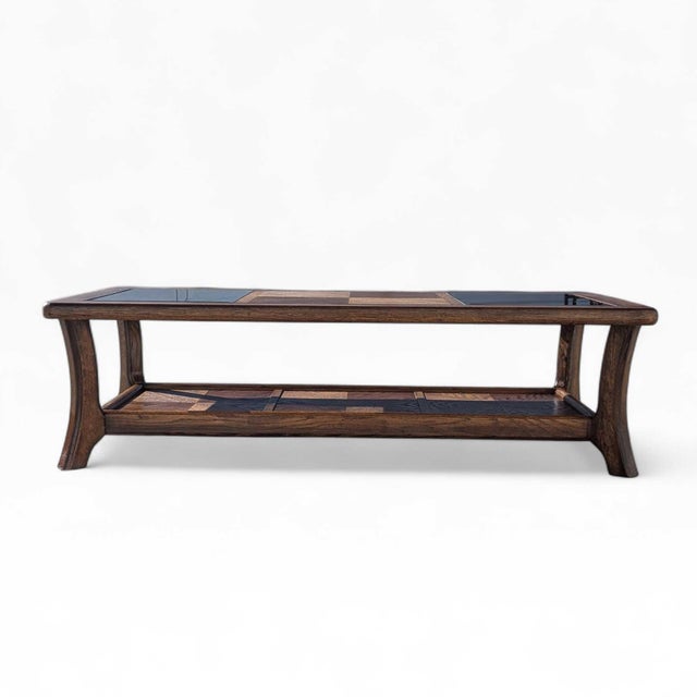 Wood Mid 20th Century Smoked Glass and Oak Parquetry Coffee Table With Lower Shelf For Sale - Image 7 of 18