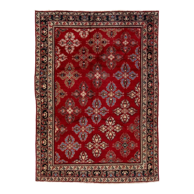 Handmade Red Persian Wool Rug Vintage Kashan With Allover Pattern For Sale
