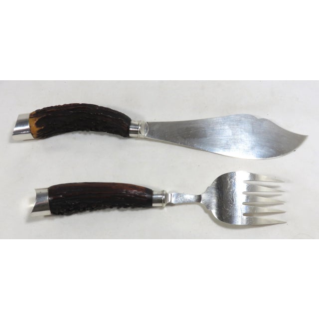 Antique 1893 Hand Engraved Antique Sheffield Plate & Sterling Silver Antler Handle Fish Serving Set For Sale - Image 4 of 13