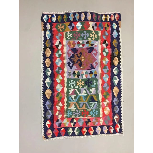 Small Vintage Turkish Black, Red, Blue, and Green Wool Tribal Kilim Rug, 1950s For Sale - Image 11 of 11