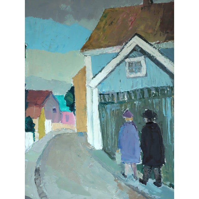 Mid-Century Modern 'Walking Home Together' Vintage Original Swedish Naïve Style Street Scene Oil Painting, Framed For Sale - Image 11 of 12