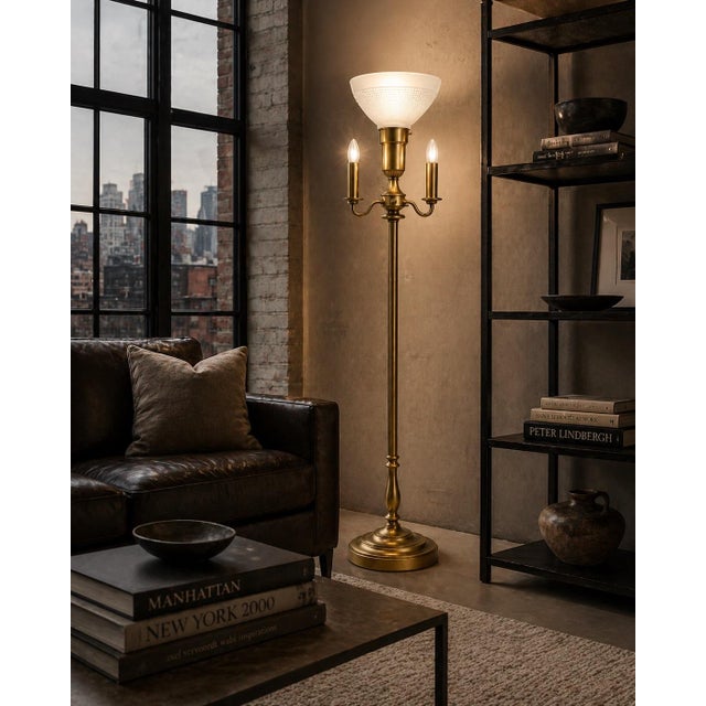 Metal Late 20th Century Classic Sunlit Brass Torchiere Floor Lamp With Integrated 3-Light Candelabra — 59” H For Sale - Image 7 of 9